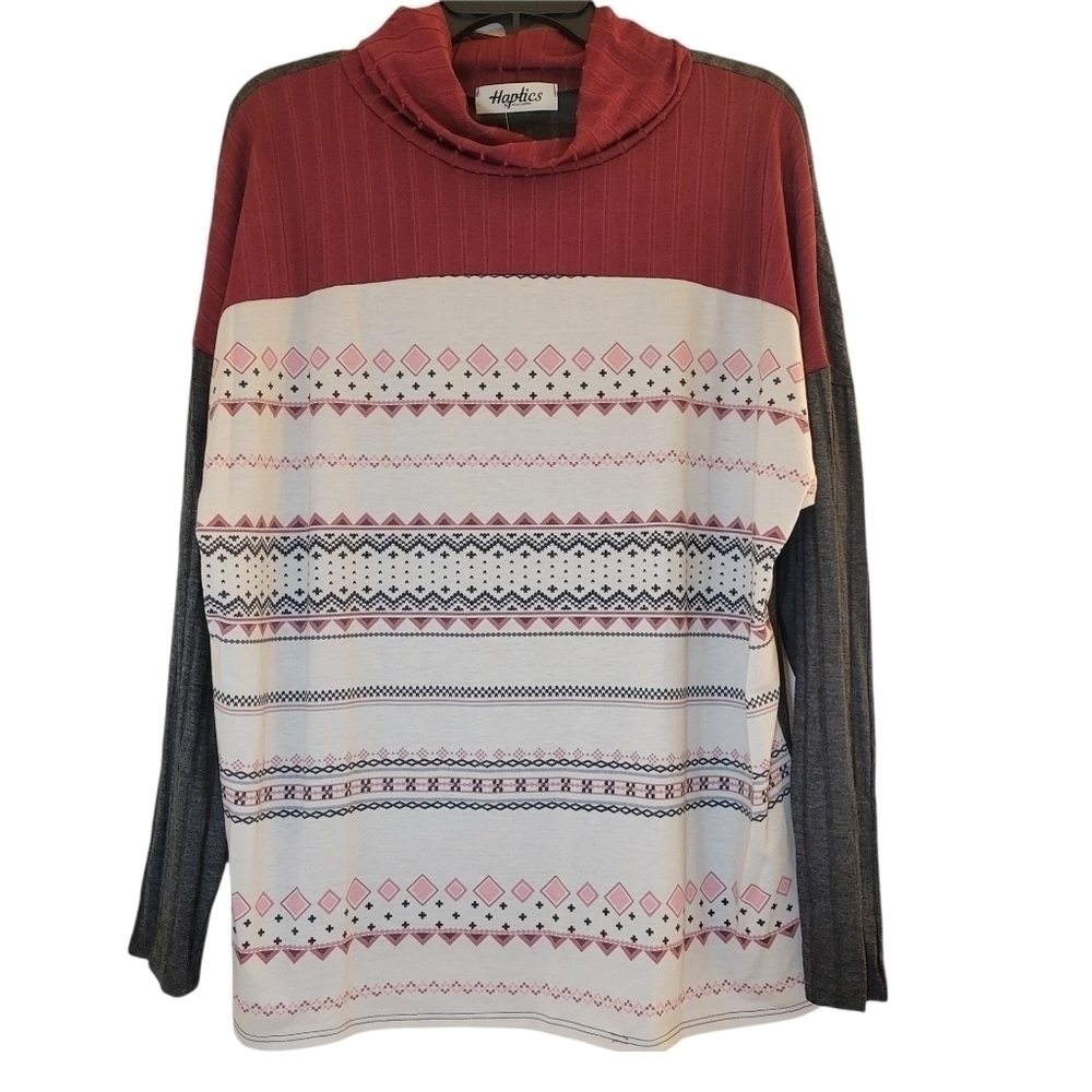 Ribbed Crimson Cowl Neck Turtleneck with French Terry Ethnic/Tribal Print - Picture 10 of 12